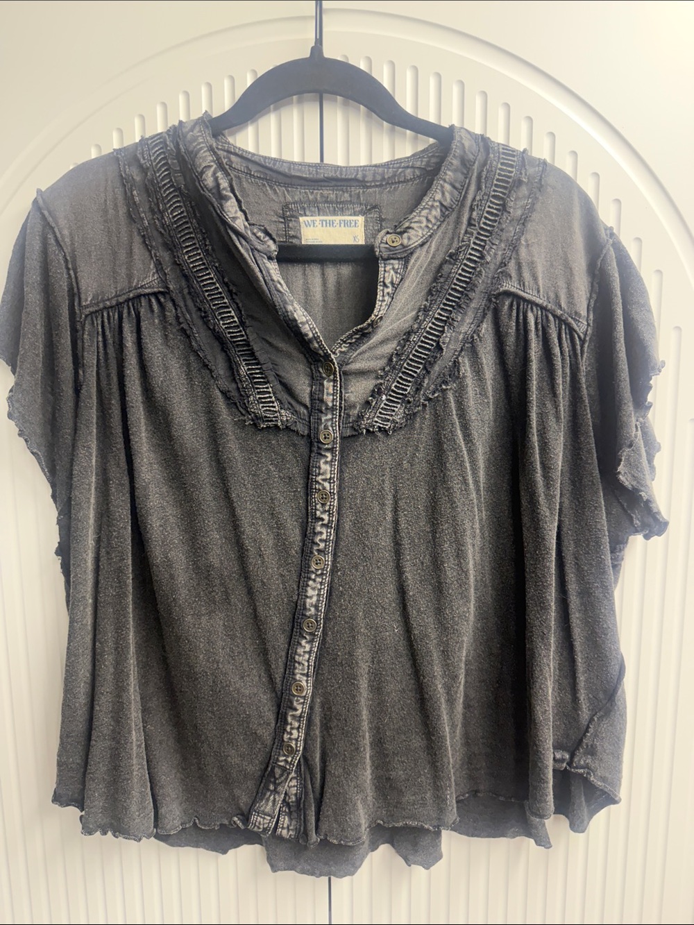 We The Free Washed Black Short Sleeve Button-Front Top
